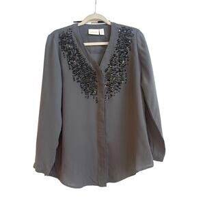 Chico’s Size 0 (4) Gray Collar Button Down with Iridescent Multicolor Sequin
